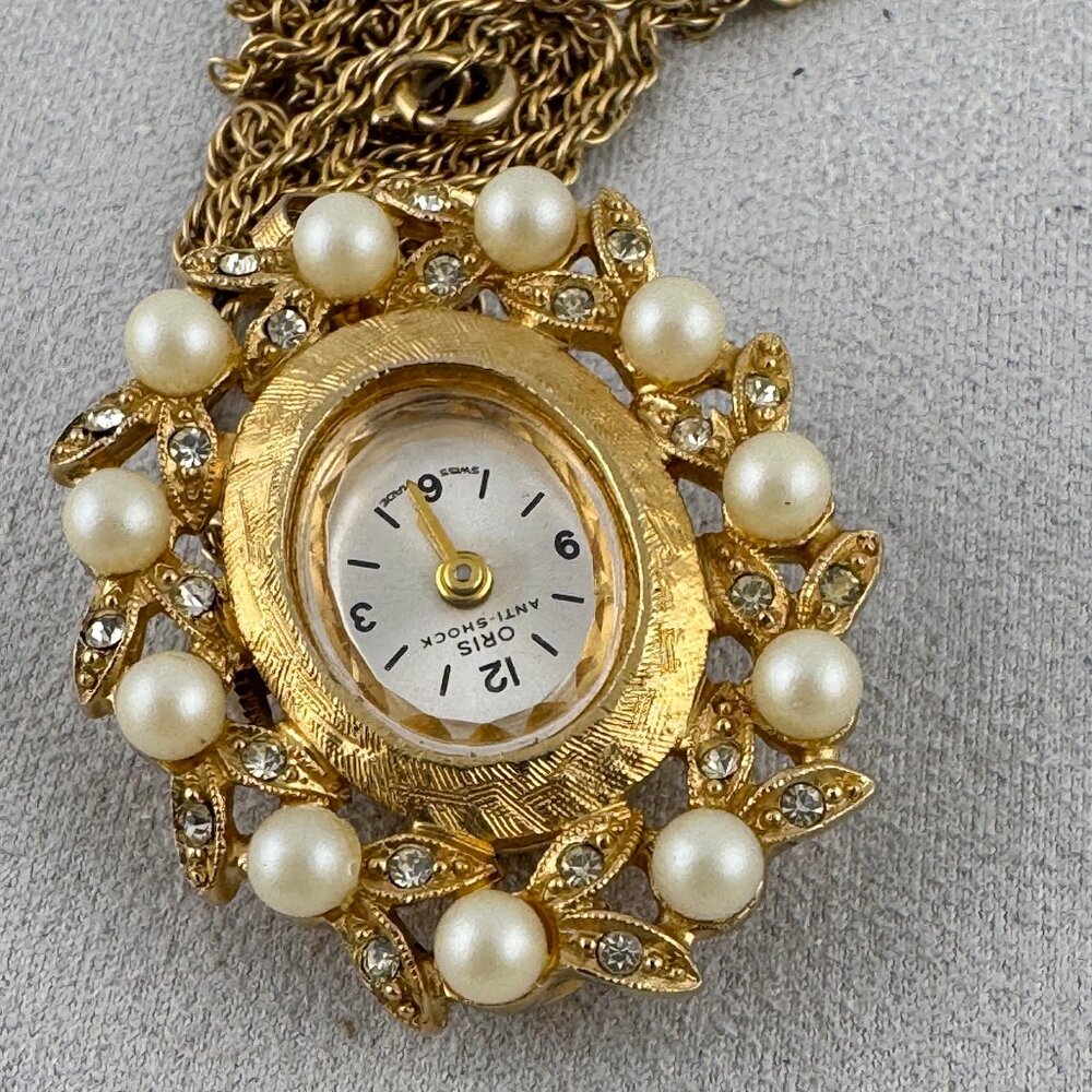 Vintage Oris Pendant Watch Gold with Cultured Pearls and Rhinestones - Picture 6 of 6
